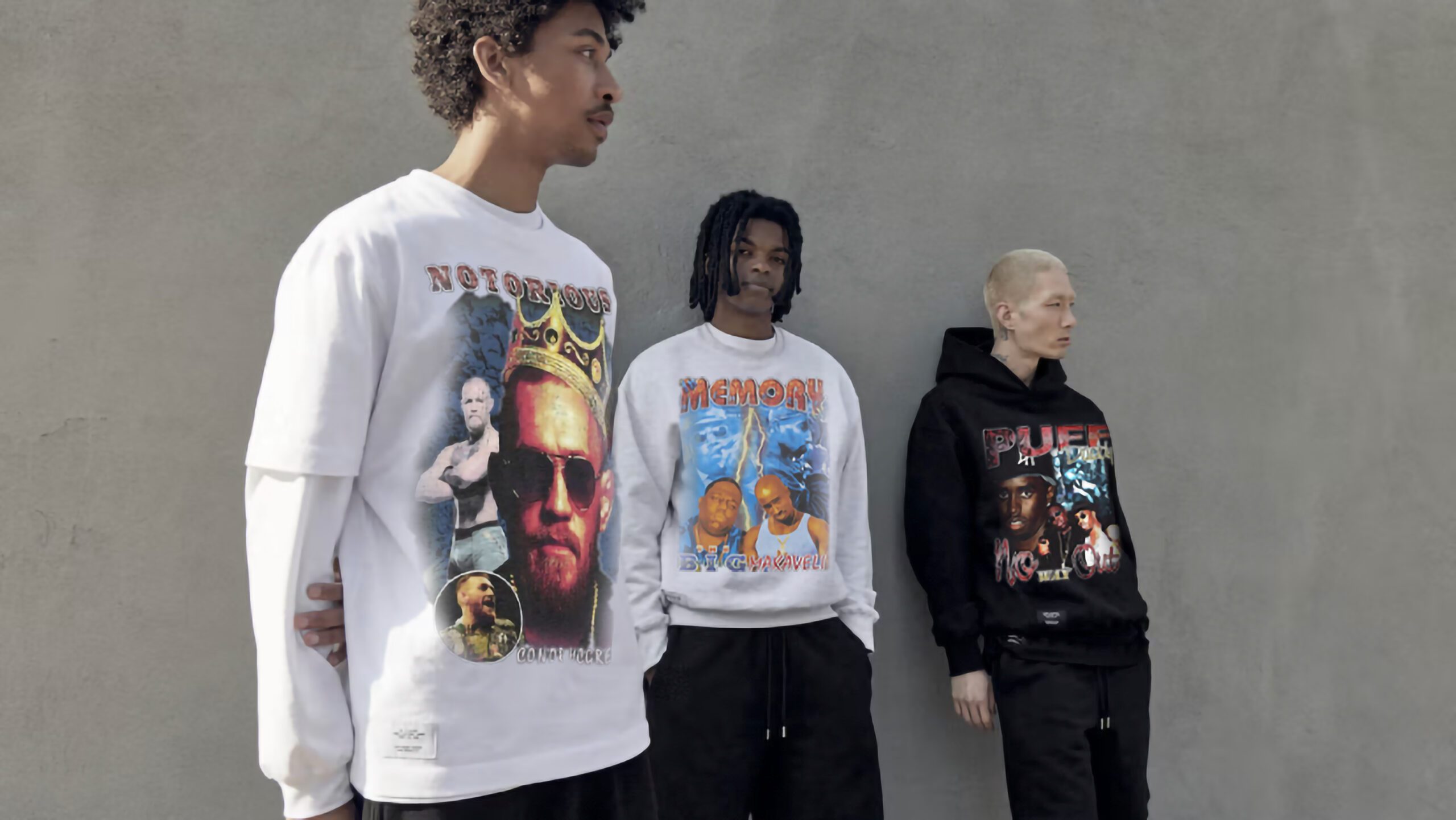 Group of fashion influencers and models wearing vintage rap tees